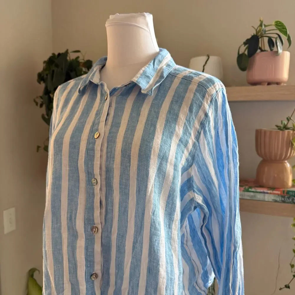 Cynthia Rowley 100% Linen Blue White Striped Button Down Shirt Large Nautical